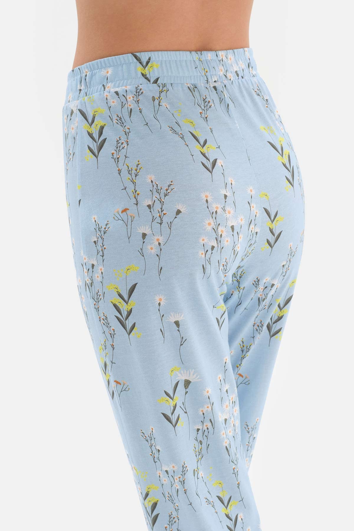 LIGHT BLUE SHIRT COLLAR FLORAL PATTERNED KNITTED PAJAMAS SUIT