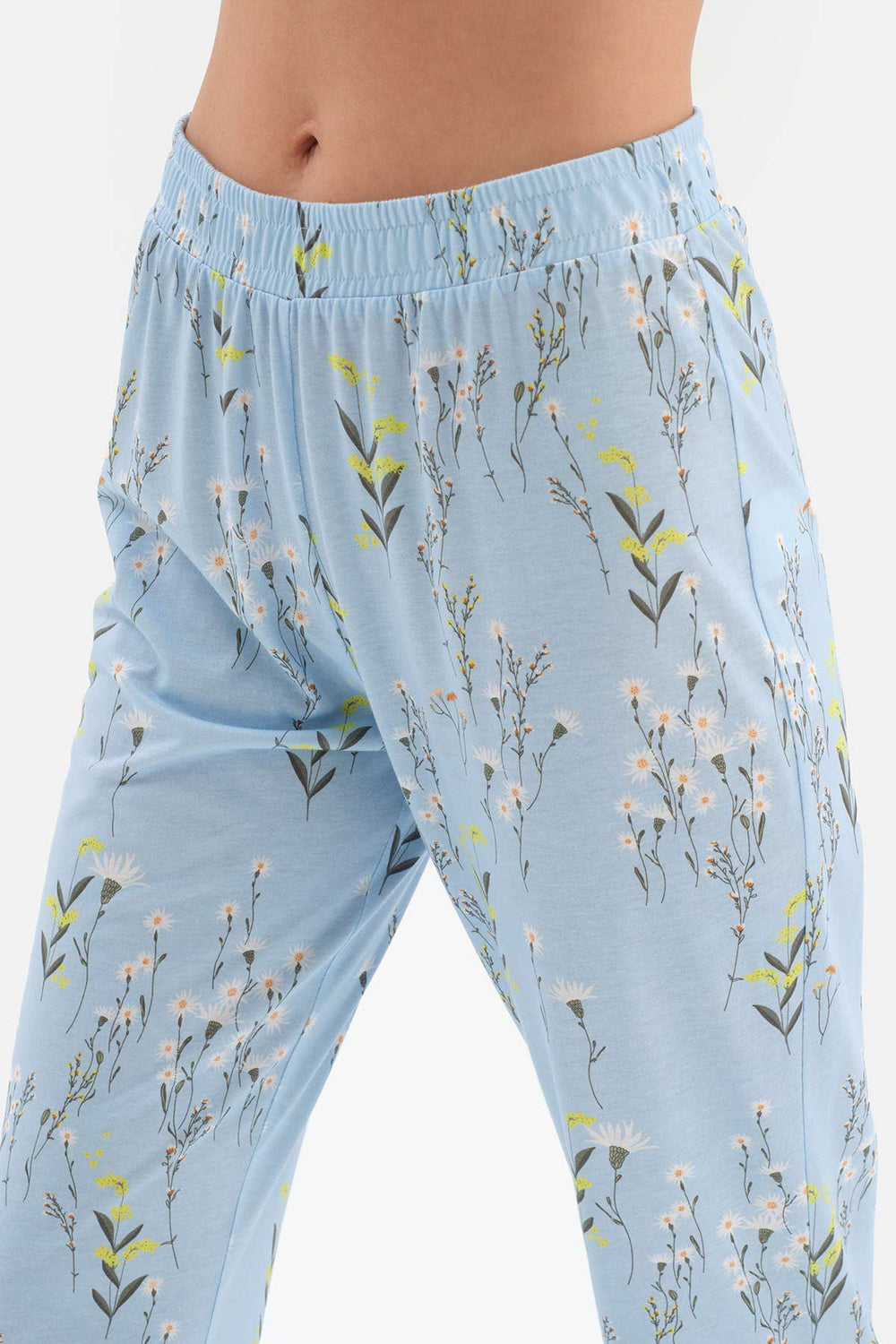 LIGHT BLUE SHIRT COLLAR FLORAL PATTERNED KNITTED PAJAMAS SUIT