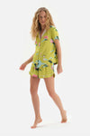 GREEN SHIRT COLLAR FLORAL PATTERNED SATIN SHORTS PAJAMAS SUIT
