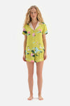 GREEN SHIRT COLLAR FLORAL PATTERNED SATIN SHORTS PAJAMAS SUIT
