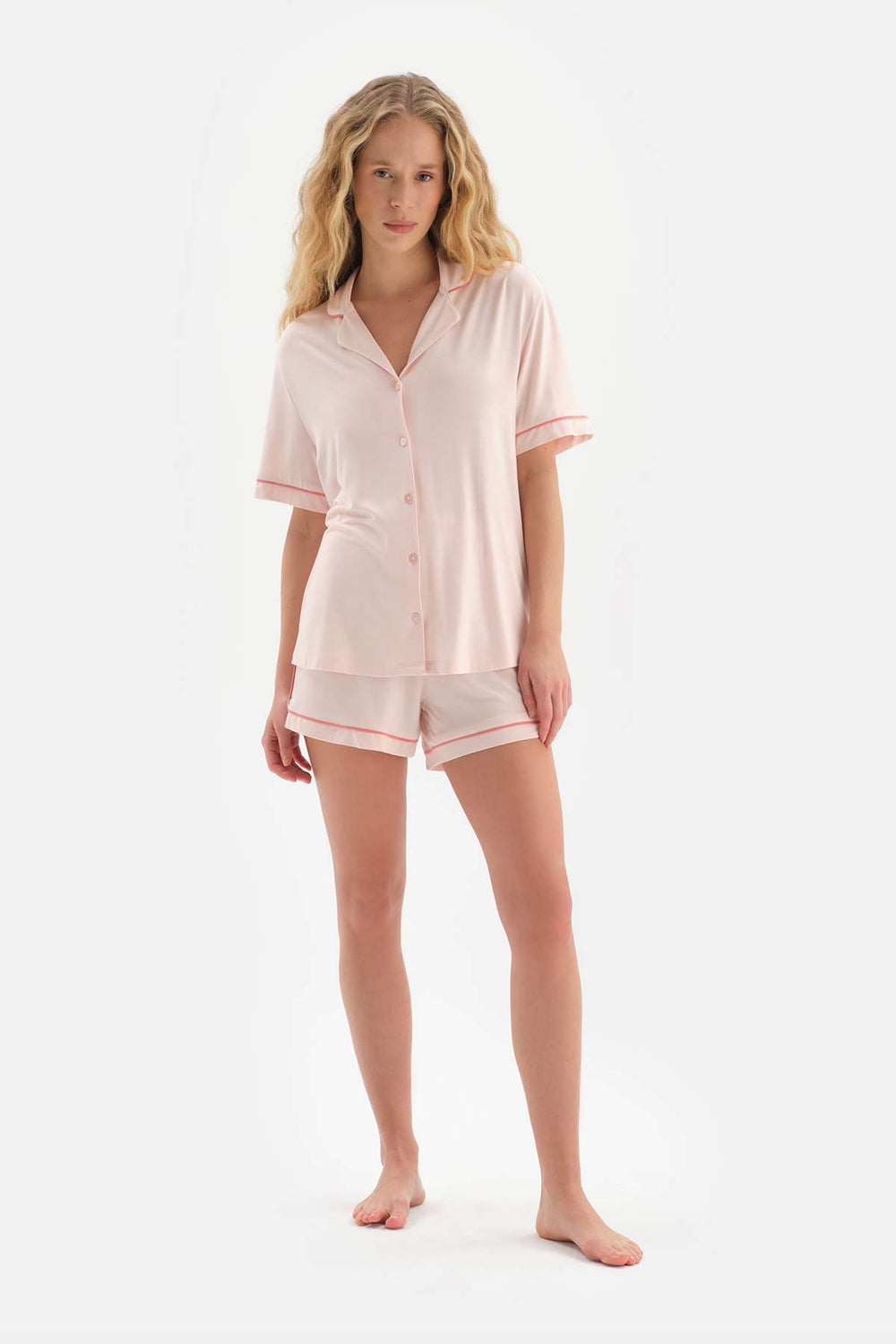LIGHT PINK SHIRT COLLAR SHORTS PAJAMA SUIT