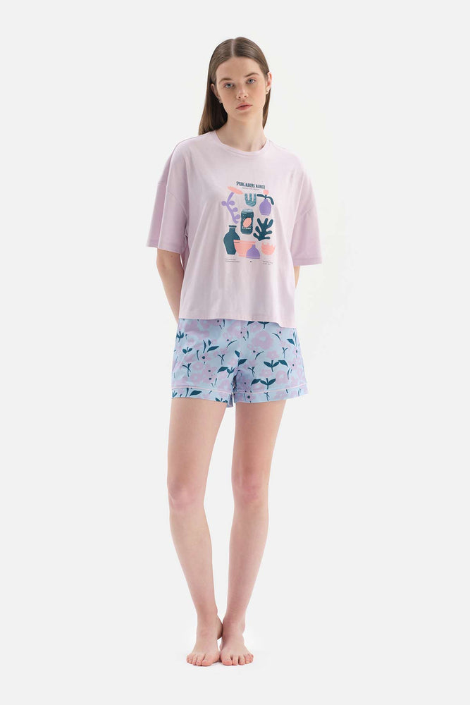 LILAC CREW-NECK PRINTED TOP PATTERNED LOWER SHORTS PAJAMAS SUIT