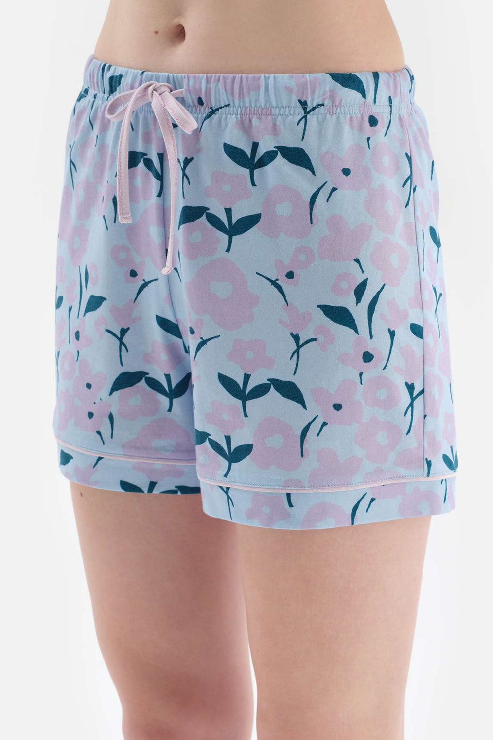 LILAC CREW-NECK PRINTED TOP PATTERNED LOWER SHORTS PAJAMAS SUIT