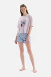 LILAC CREW-NECK PRINTED TOP PATTERNED LOWER SHORTS PAJAMAS SUIT