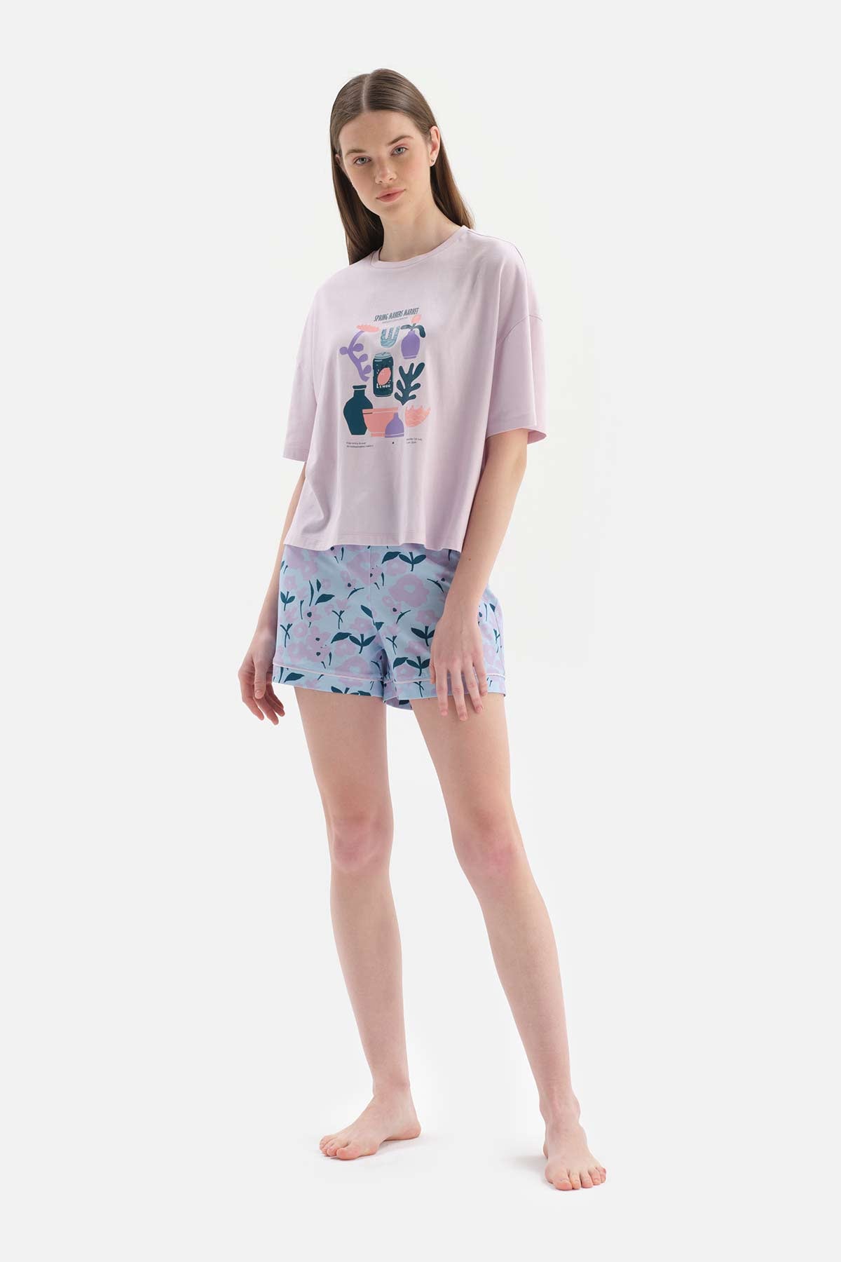 LILAC CREW-NECK PRINTED TOP PATTERNED LOWER SHORTS PAJAMAS SUIT