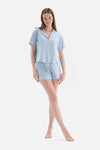 LIGHT BLUE SHIRT COLLAR BACK PRINTING DETAILED KNITTED PAJAMAS SUIT