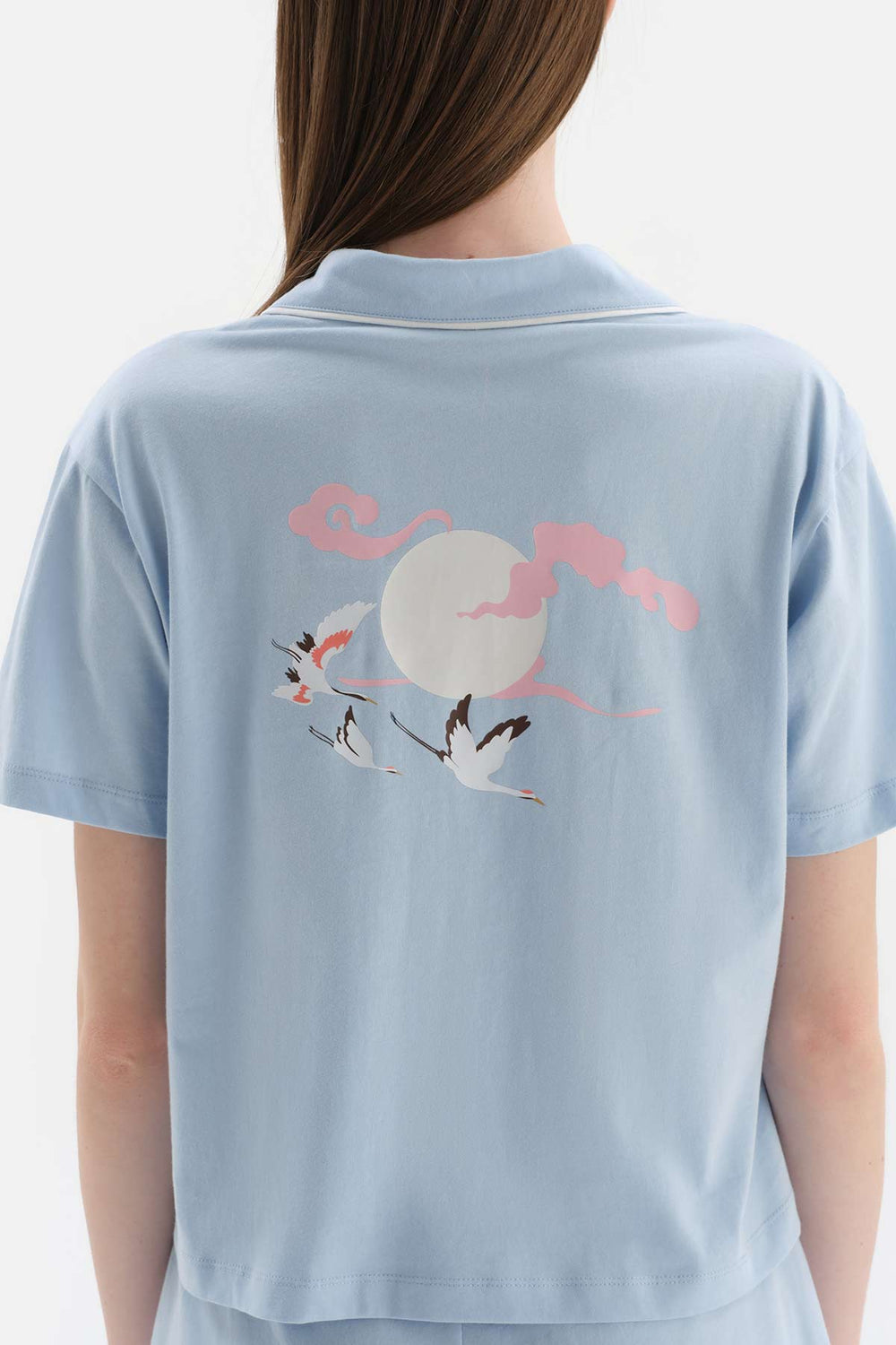 LIGHT BLUE SHIRT COLLAR BACK PRINTING DETAILED KNITTED PAJAMAS SUIT