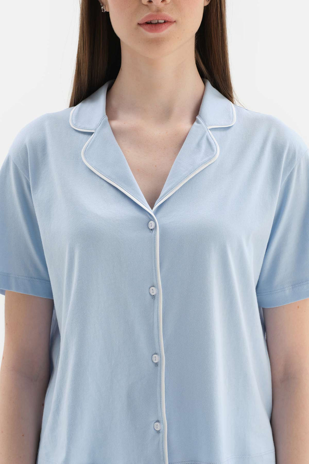 LIGHT BLUE SHIRT COLLAR BACK PRINTING DETAILED KNITTED PAJAMAS SUIT