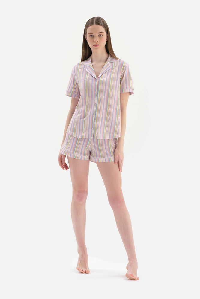MULTICOLOUR SHIRT COLLAR STRIPED KNITTED PAJAMAS SUIT