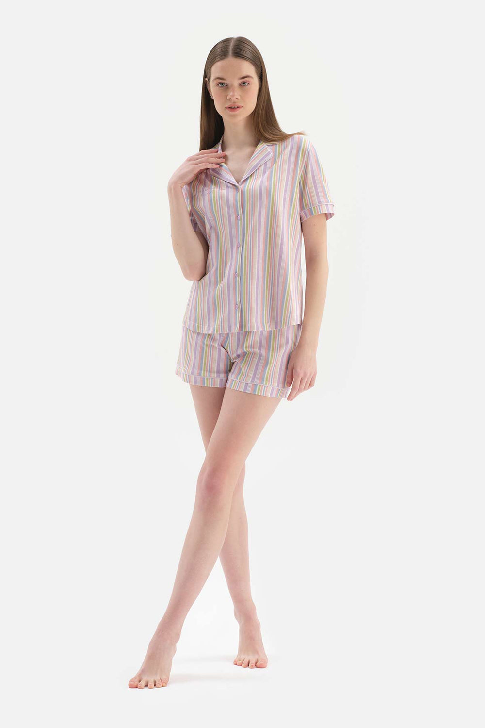 MULTICOLOUR SHIRT COLLAR STRIPED KNITTED PAJAMAS SUIT