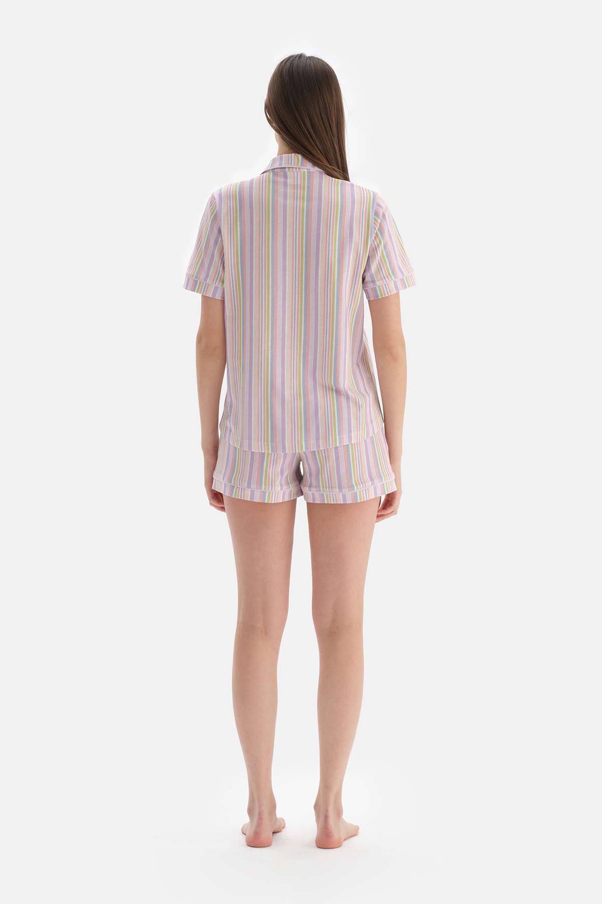 MULTICOLOUR SHIRT COLLAR STRIPED KNITTED PAJAMAS SUIT