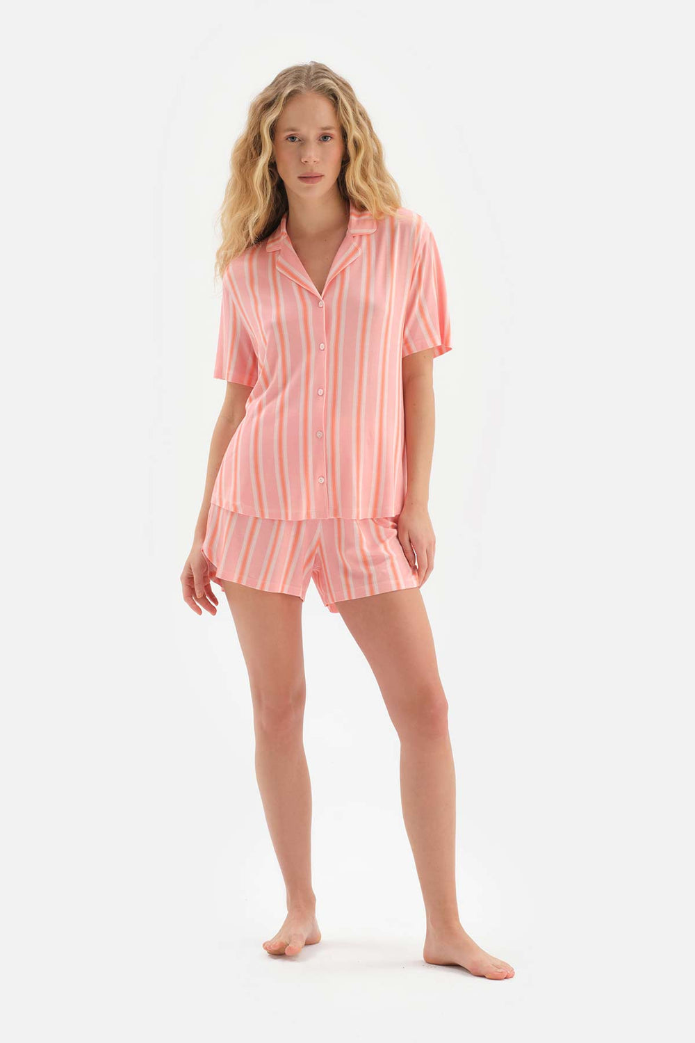 SALMON SHIRT COLLAR STRIPED KNIT SHORTS PAJAMAS SUIT