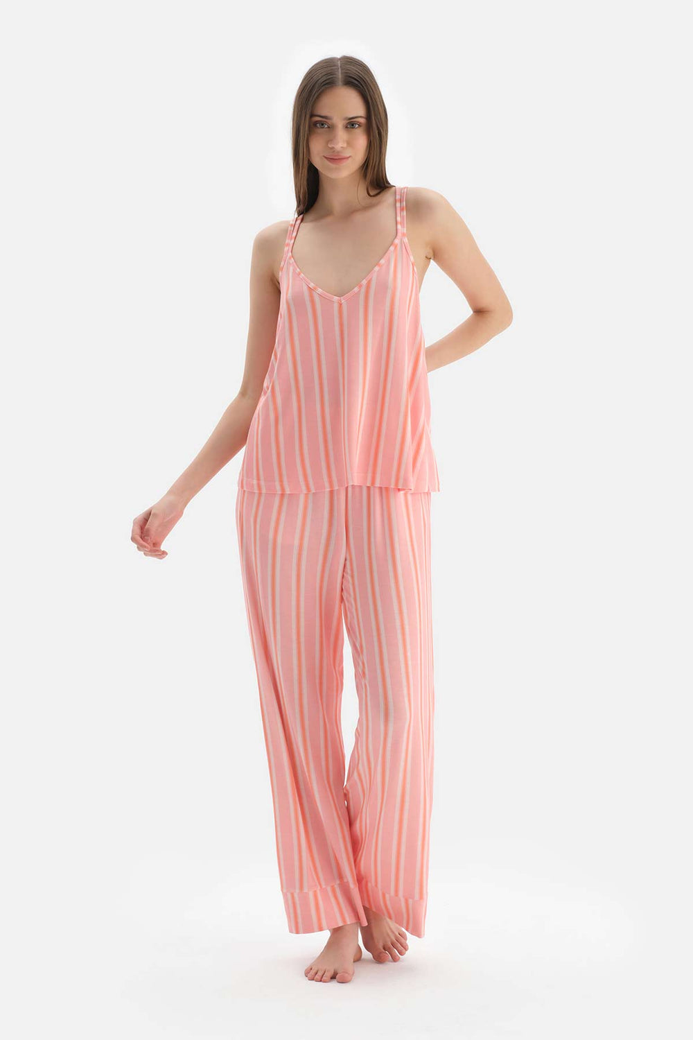 SALMON STRIPED KNITTED PAJAMAS SUIT