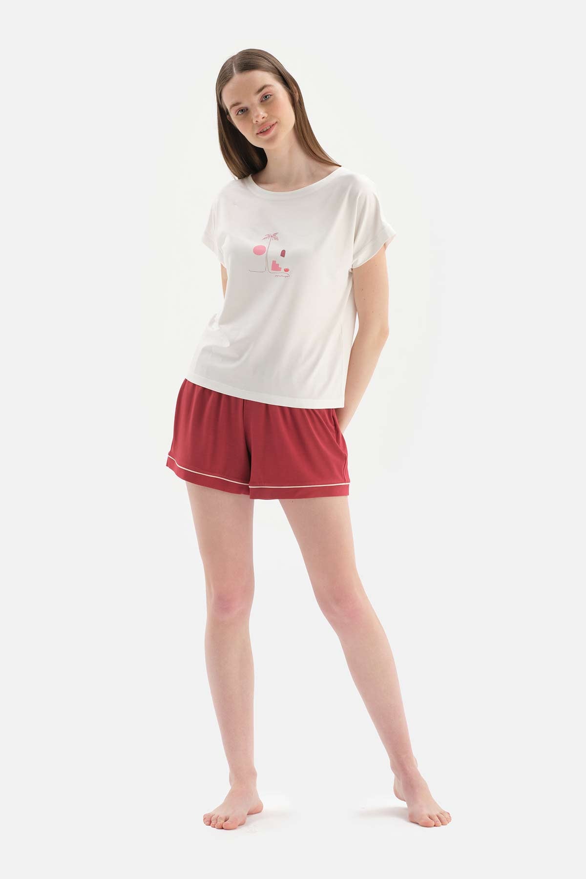WHITE SHORT SLEEVE PRINTED KNITTED SHORTS PAJAMAS