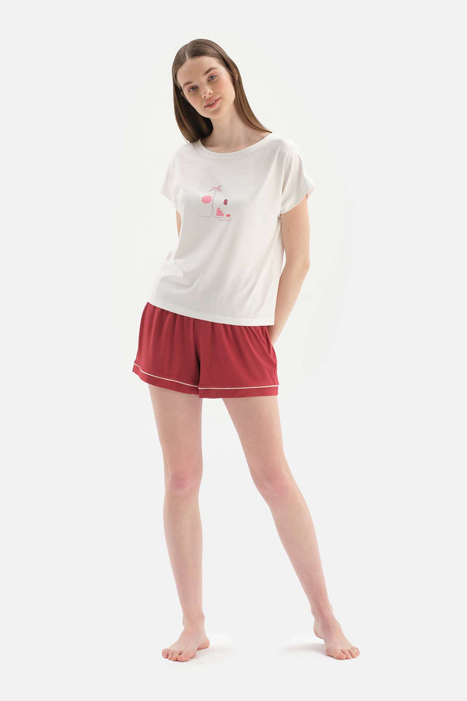 WHITE SHORT SLEEVE PRINTED KNITTED SHORTS PAJAMAS