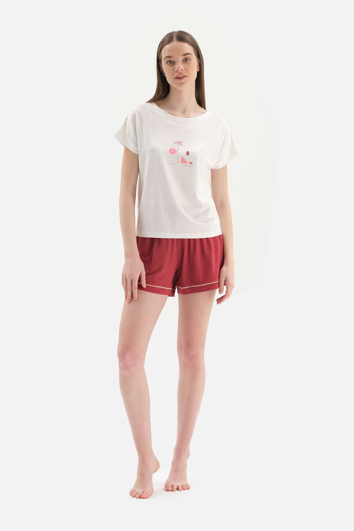 WHITE SHORT SLEEVE PRINTED KNITTED SHORTS PAJAMAS