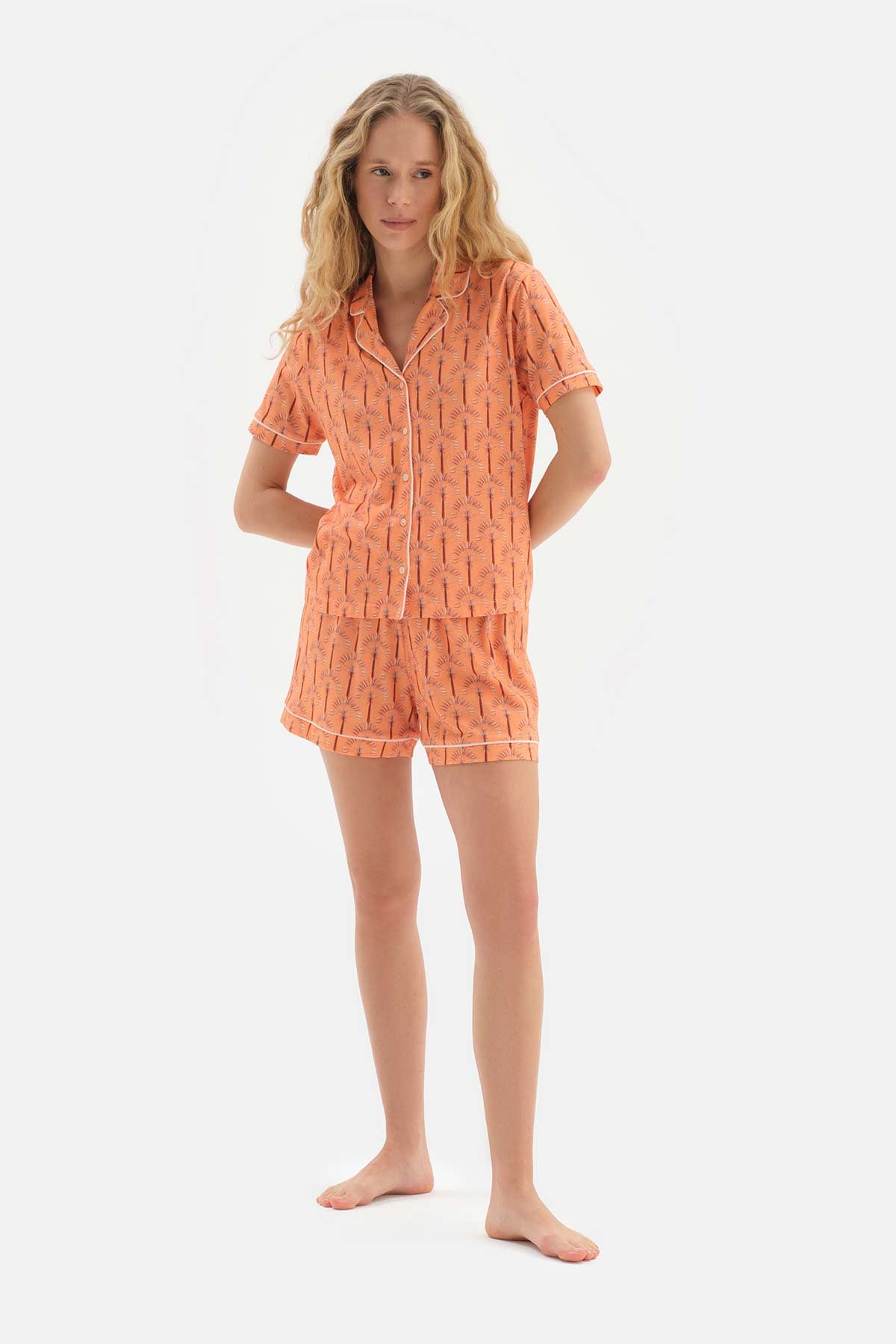 ORANGE SHIRT COLLAR PRINTED KNITTED PAJAMAS SUIT