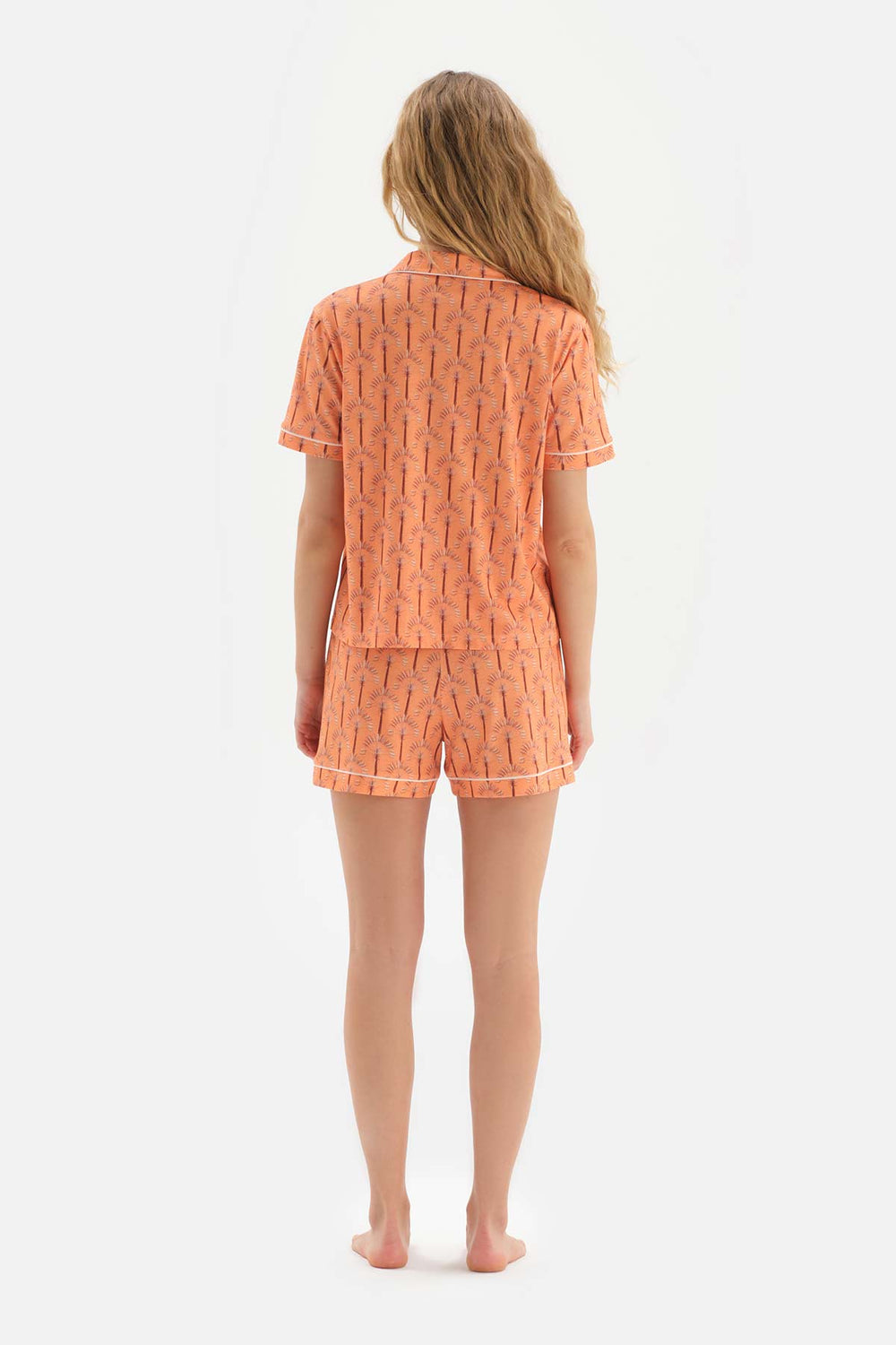 ORANGE SHIRT COLLAR PRINTED KNITTED PAJAMAS SUIT