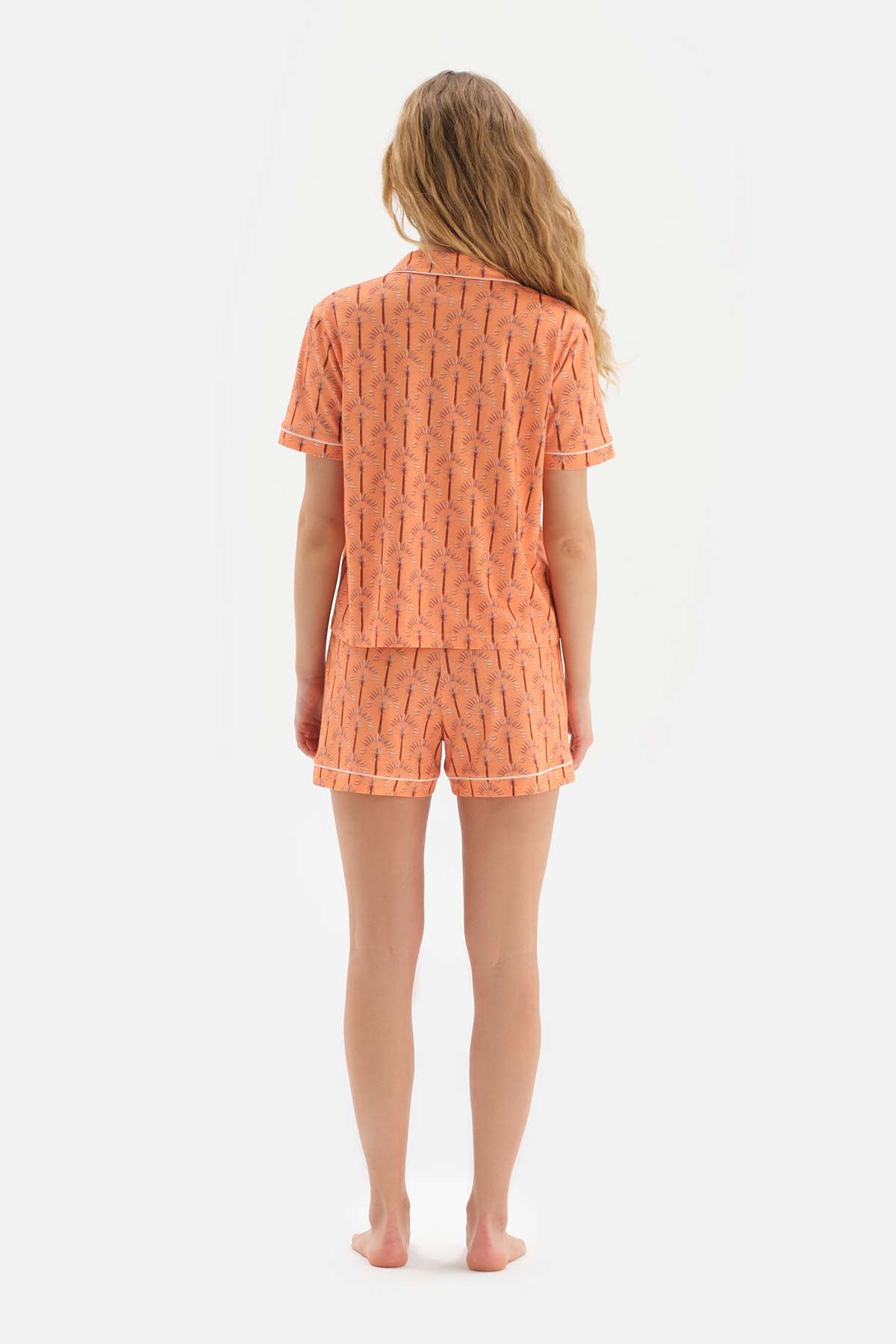 ORANGE SHIRT COLLAR PRINTED KNITTED PAJAMAS SUIT