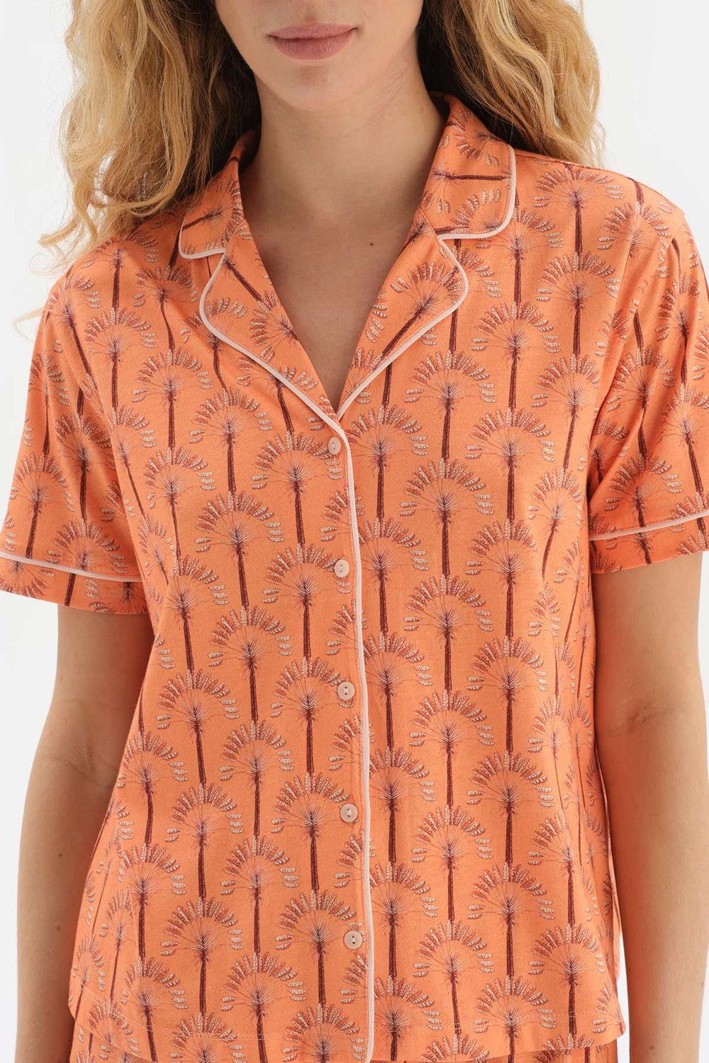 ORANGE SHIRT COLLAR PRINTED KNITTED PAJAMAS SUIT
