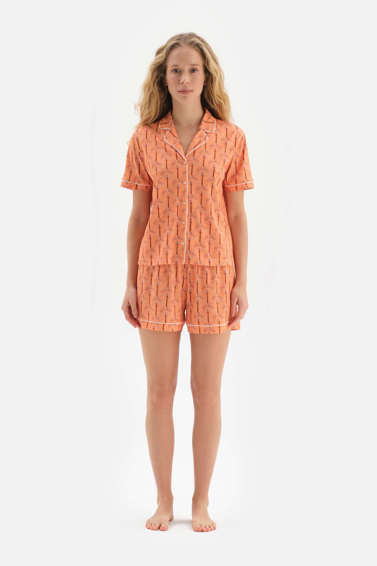ORANGE SHIRT COLLAR PRINTED KNITTED PAJAMAS SUIT