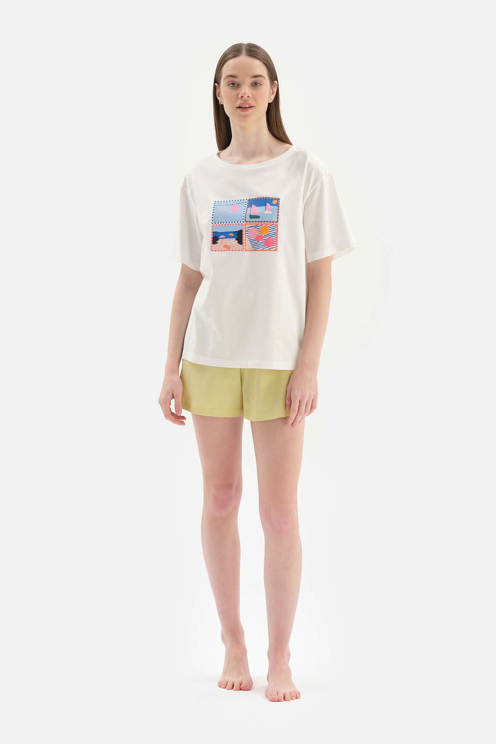 WHITE SHORT SLEEVE PRINT DETAILED SHORTS PAJAMAS SUIT