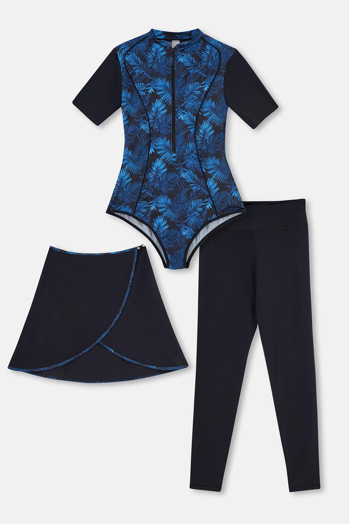 Siyah Fermuarlı 3 Parçalı Tesettür Mayo Seti