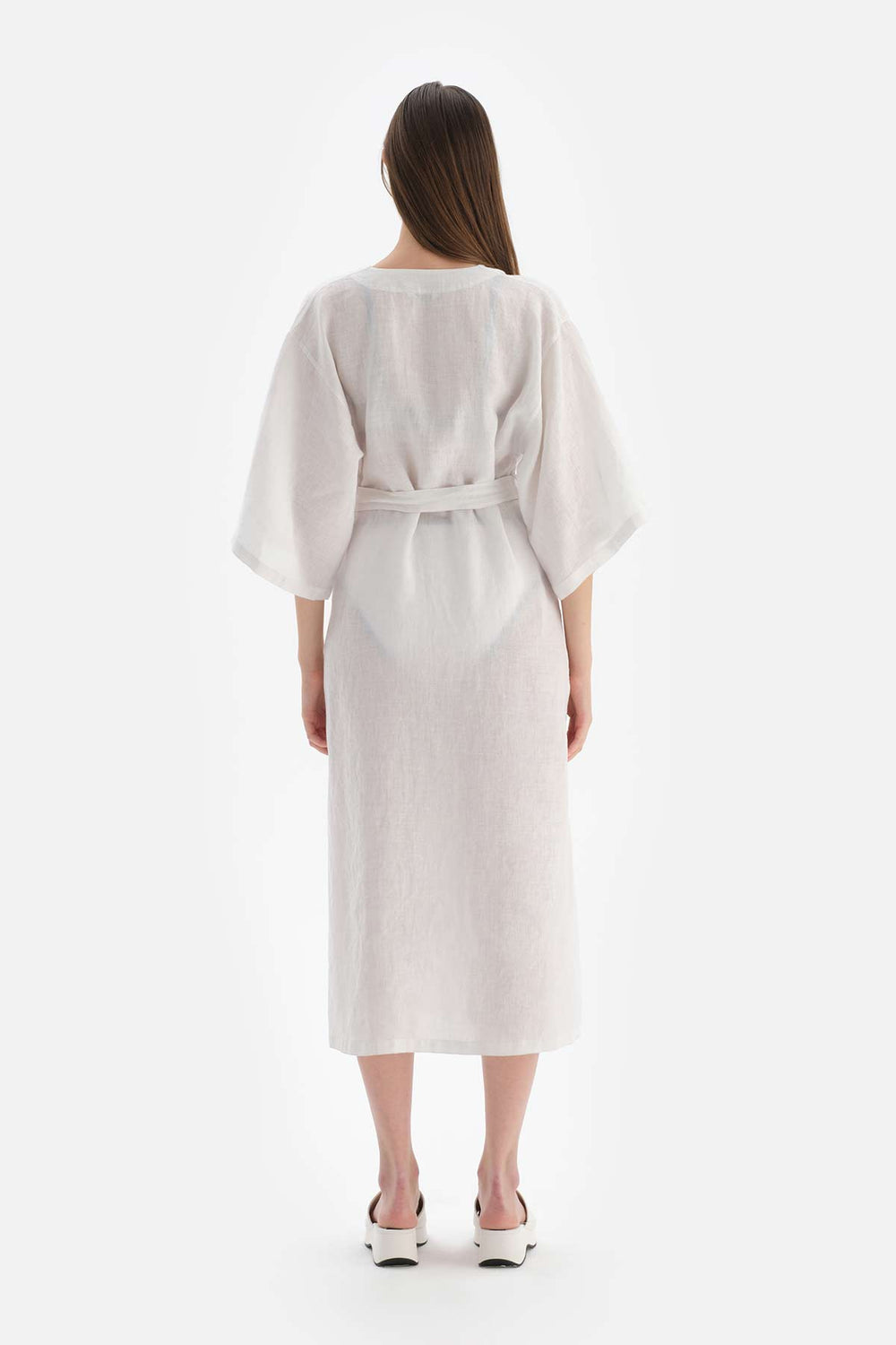 Beyaz Keten Uzun Kimono