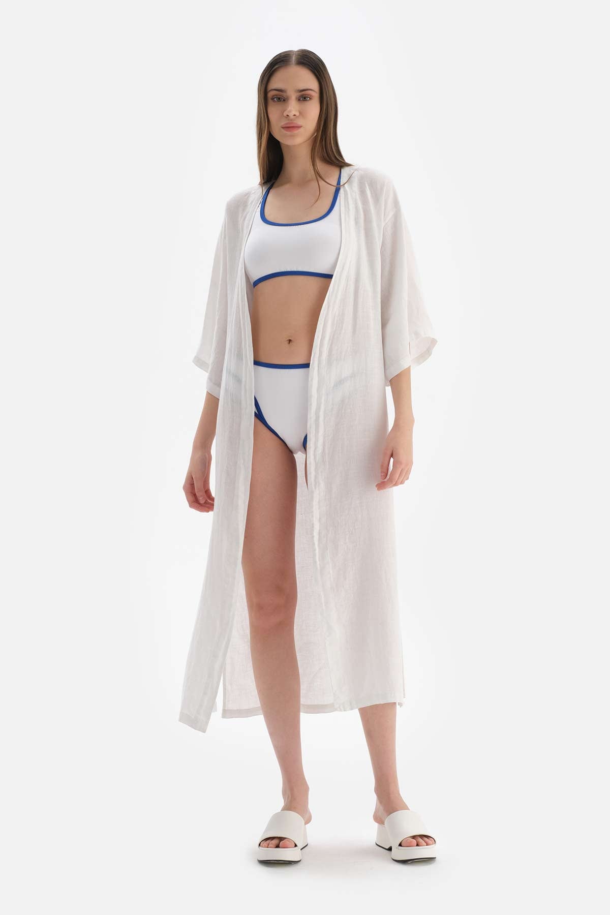 Beyaz Keten Uzun Kimono