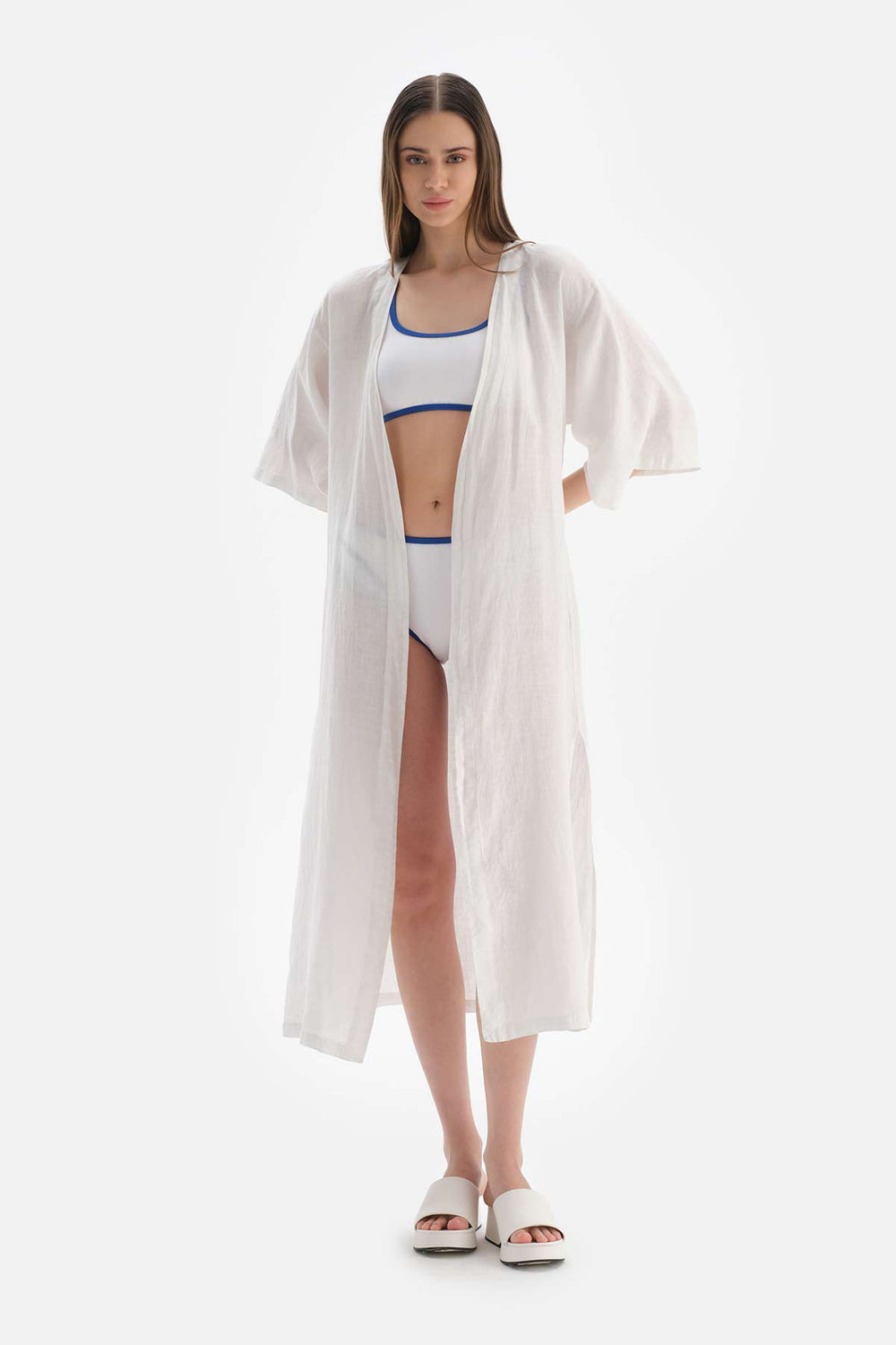 Beyaz Keten Uzun Kimono