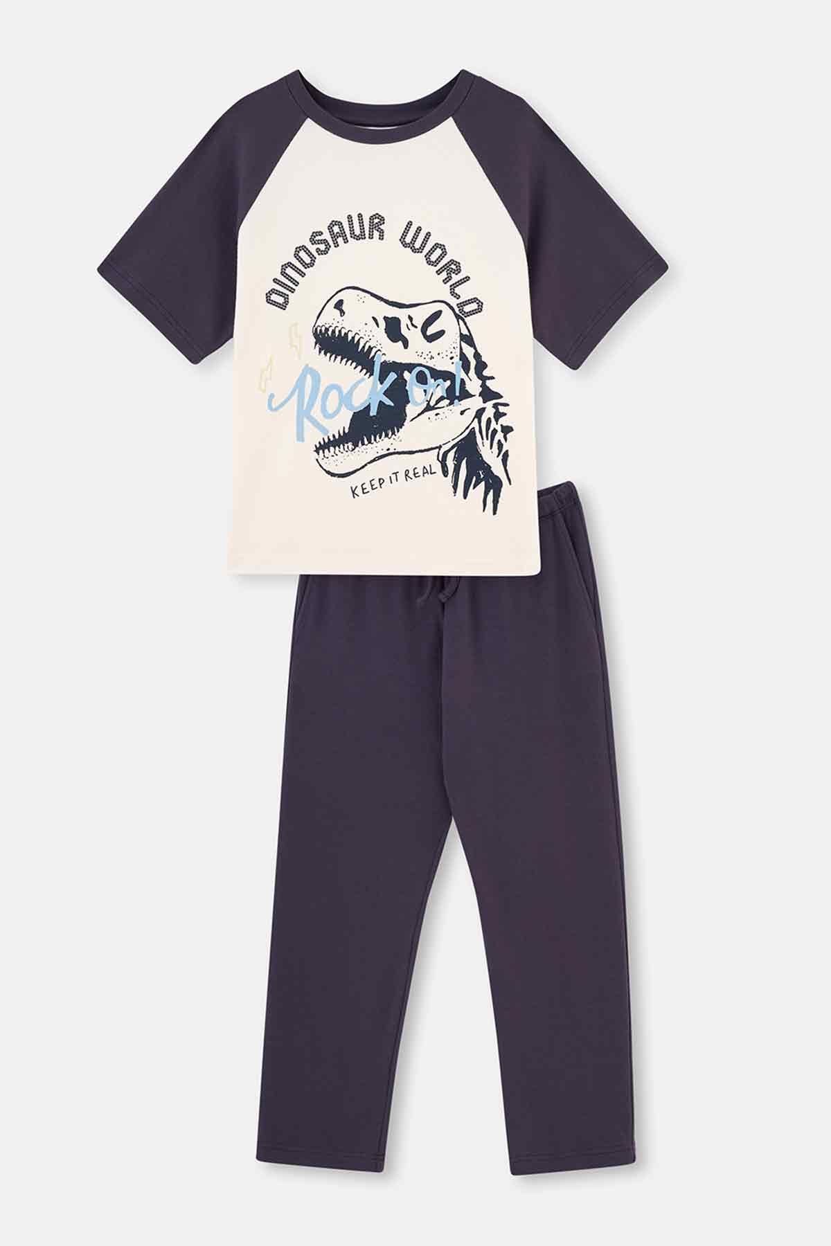 Antrasıt Kısa Kollu Dinozor Baskılı Pijama Takımı