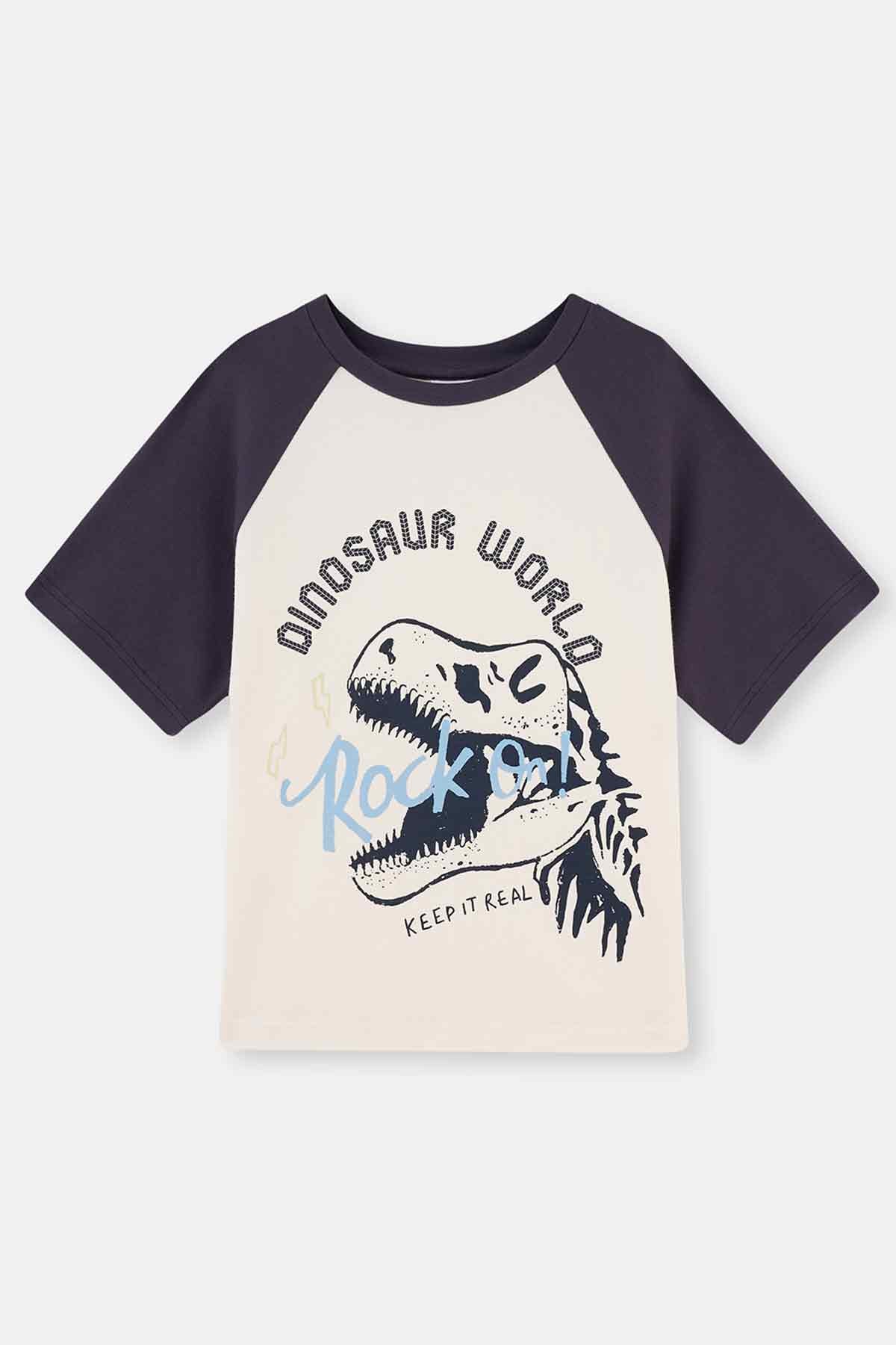 Antrasıt Kısa Kollu Dinozor Baskılı Pijama Takımı
