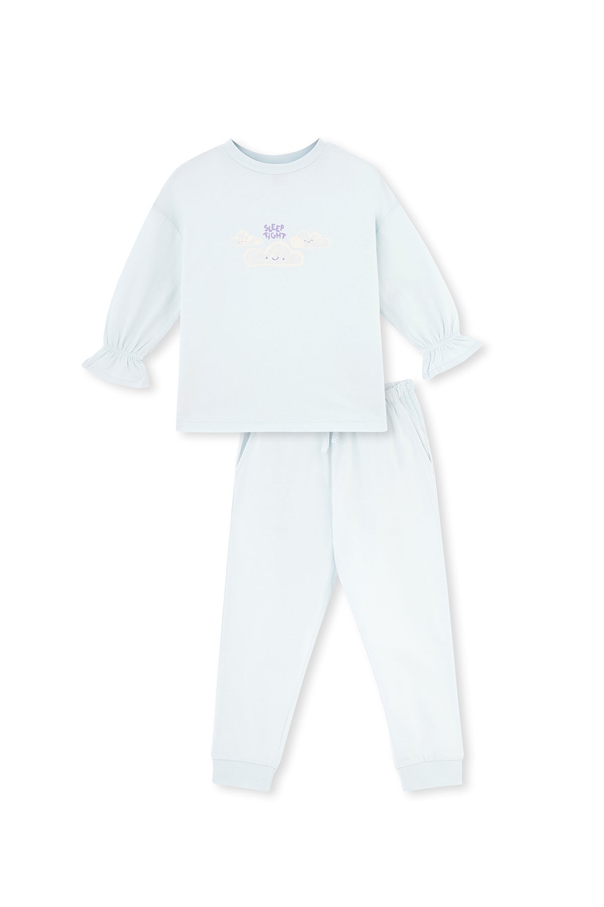 Light Blue PRINT DETAILED LONG SLEEVE CREW-NECK PAJAMAS SUIT