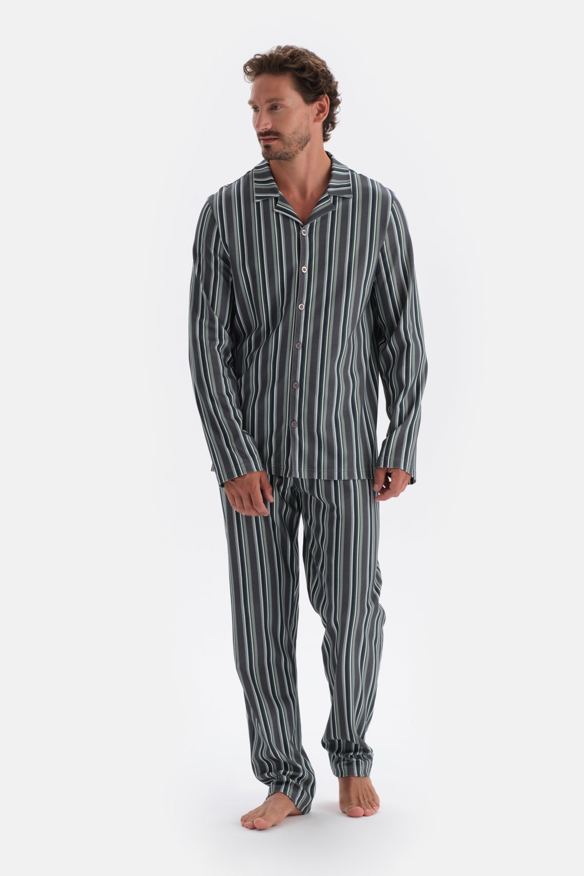 Smoke SHIRT COLLAR STRIPED COTTON MODAL PAJAMAS SUIT