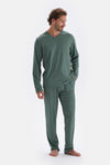 Yeşil V Yaka Uzun Kollu Pamuk Modal Pijama Takımı