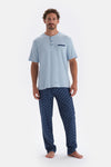 Blue HALF-PLOT POCKET DETAILED SHORT SLEEVE KNITTED PAJAMAS SUIT