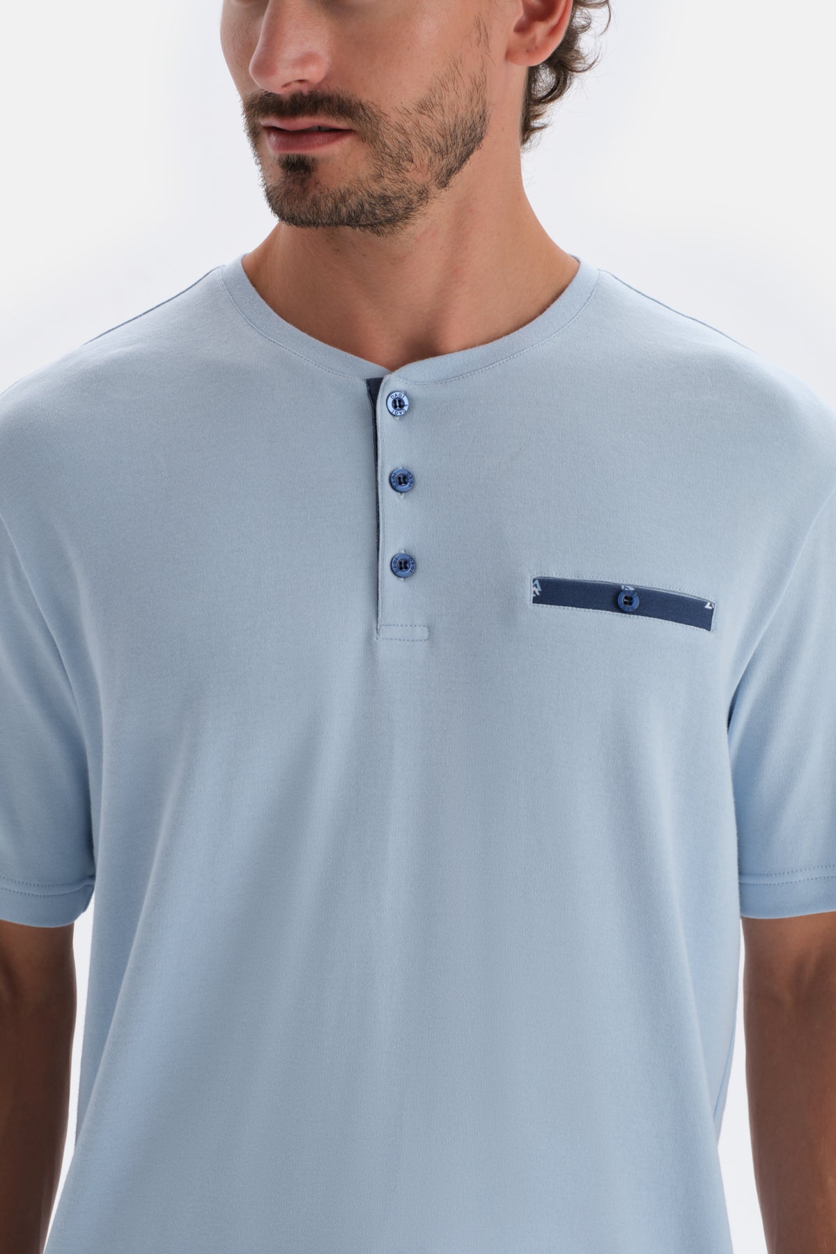 Blue HALF-PLOT POCKET DETAILED SHORT SLEEVE KNITTED PAJAMAS SUIT