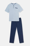 Blue HALF-PLOT POCKET DETAILED SHORT SLEEVE KNITTED PAJAMAS SUIT