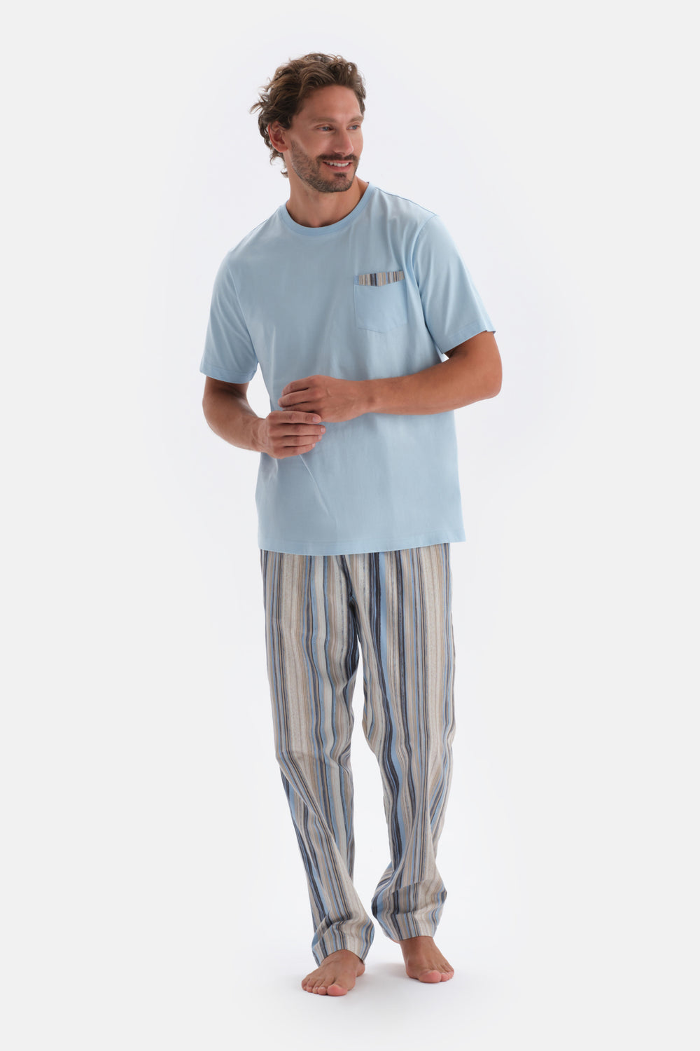 Mavi Bisiklet Yaka Kısa Kollu Altı Dokuma Pijama Takımı