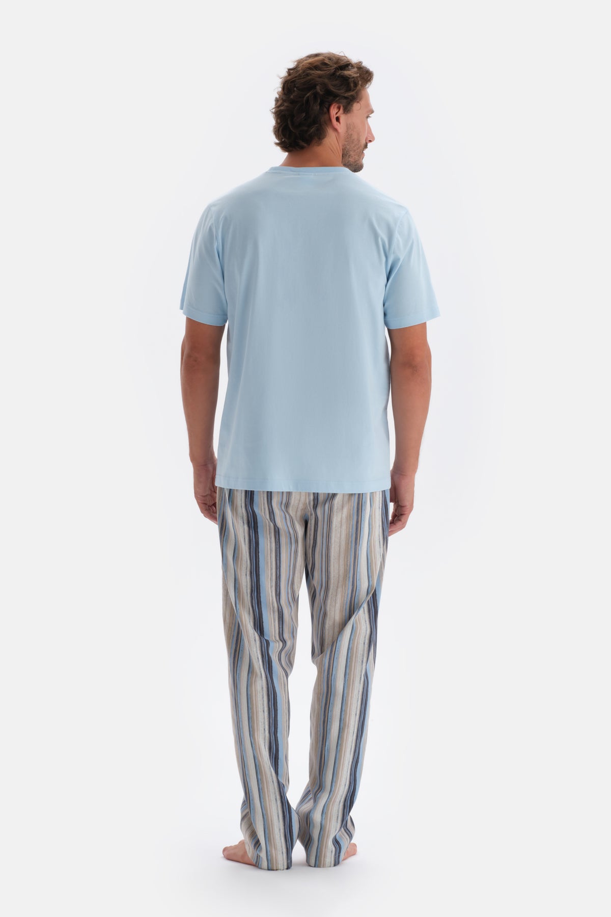 Mavi Bisiklet Yaka Kısa Kollu Altı Dokuma Pijama Takımı