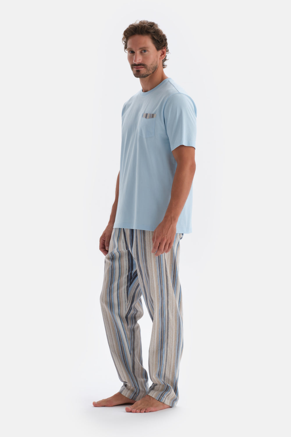 Mavi Bisiklet Yaka Kısa Kollu Altı Dokuma Pijama Takımı