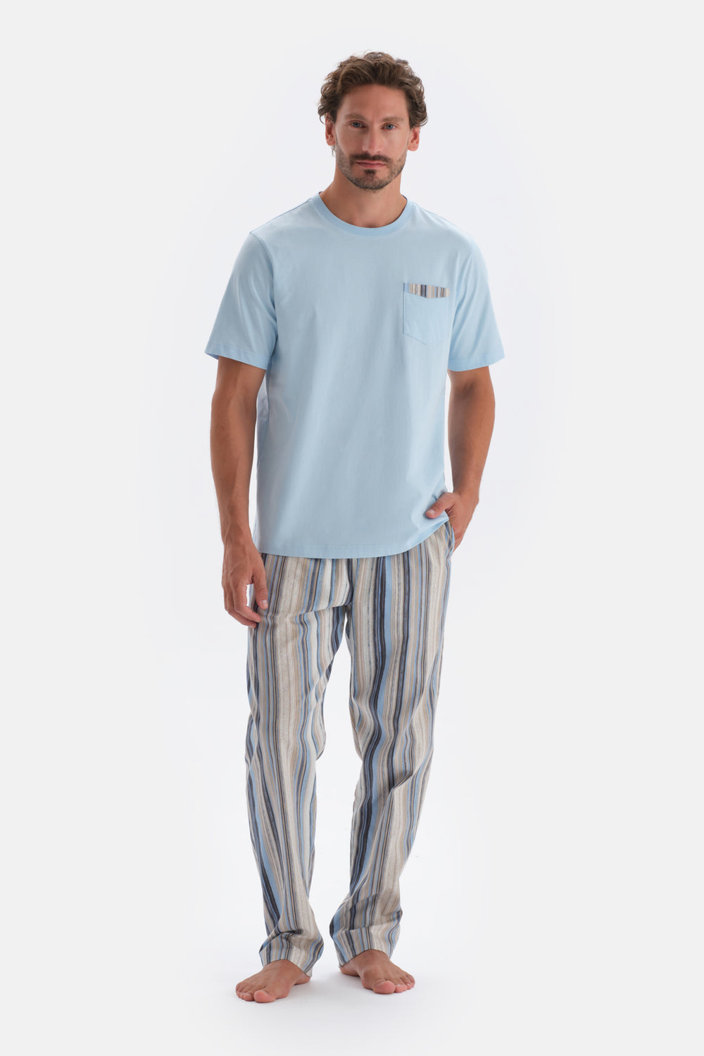 Mavi Bisiklet Yaka Kısa Kollu Altı Dokuma Pijama Takımı