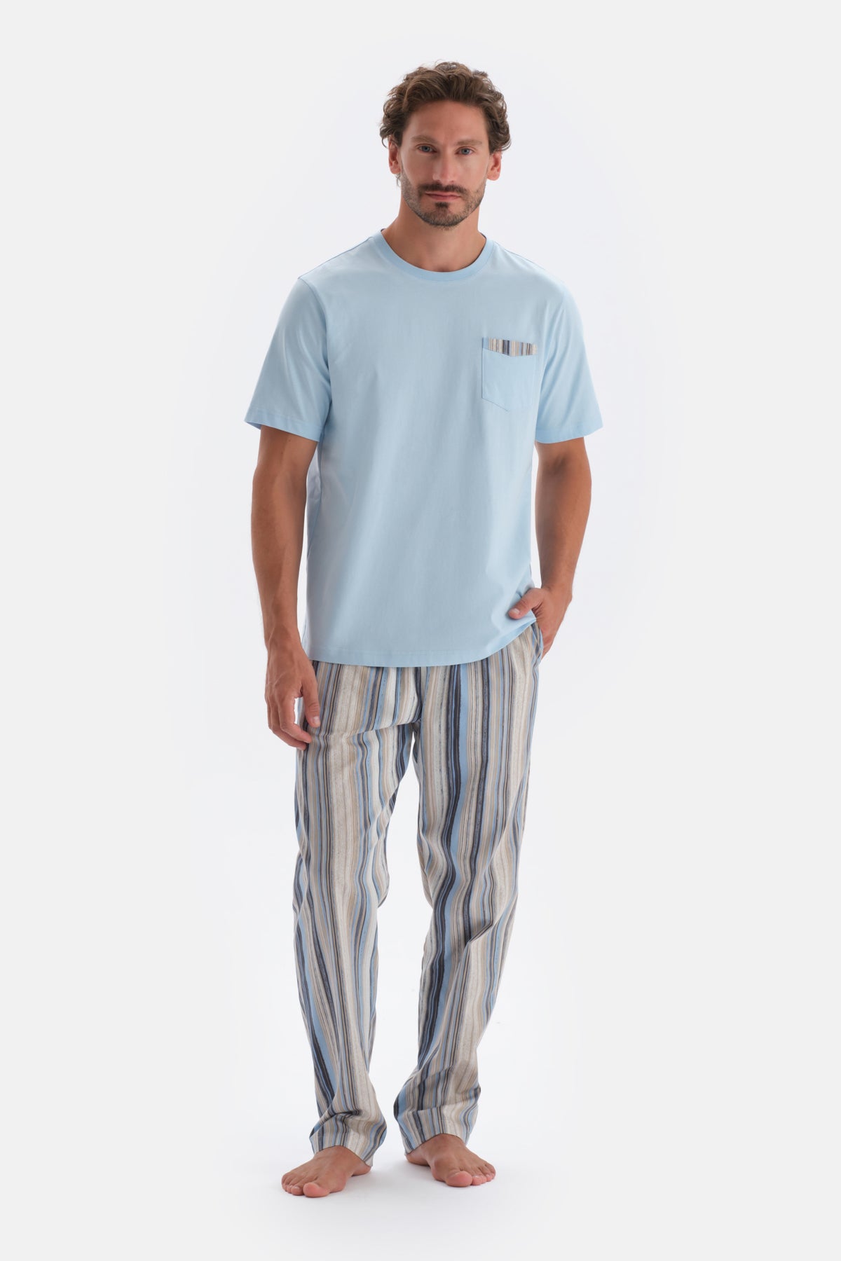 Mavi Bisiklet Yaka Kısa Kollu Altı Dokuma Pijama Takımı