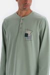 Mint Green LONG SLEEVE PRINT DETAILED PAJAMAS SUIT WITH HALF-PLOT
