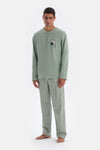 Mint Green LONG SLEEVE PRINT DETAILED PAJAMAS SUIT WITH HALF-PLOT