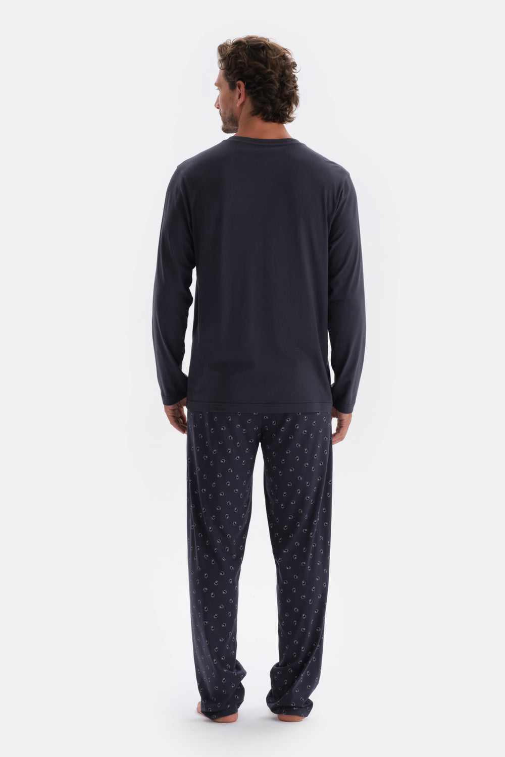 Lacivert Yarım Patlı Metraj Baskılı Modal Pijama Takımı