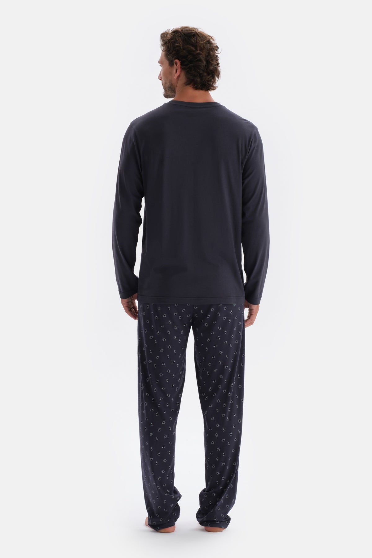 Lacivert Yarım Patlı Metraj Baskılı Modal Pijama Takımı