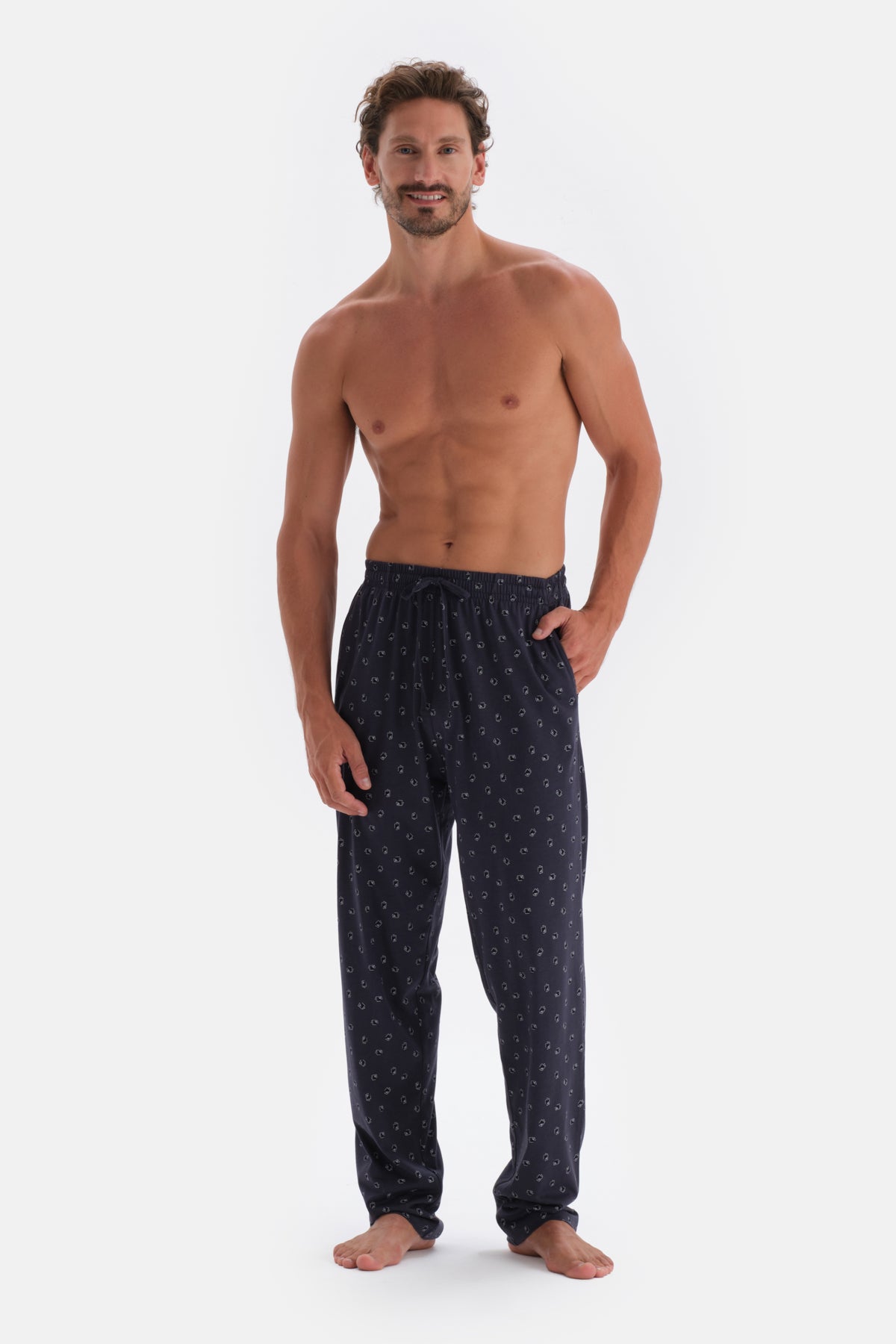 Lacivert Yarım Patlı Metraj Baskılı Modal Pijama Takımı