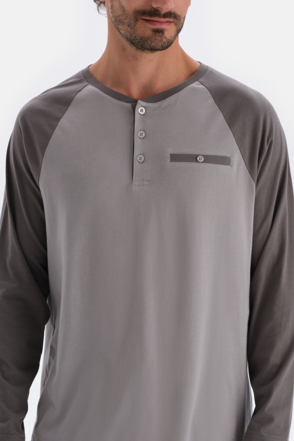 Anthracite HALF-PLOT LONG SLEEVE COTTON MODAL PAJAMAS SUIT