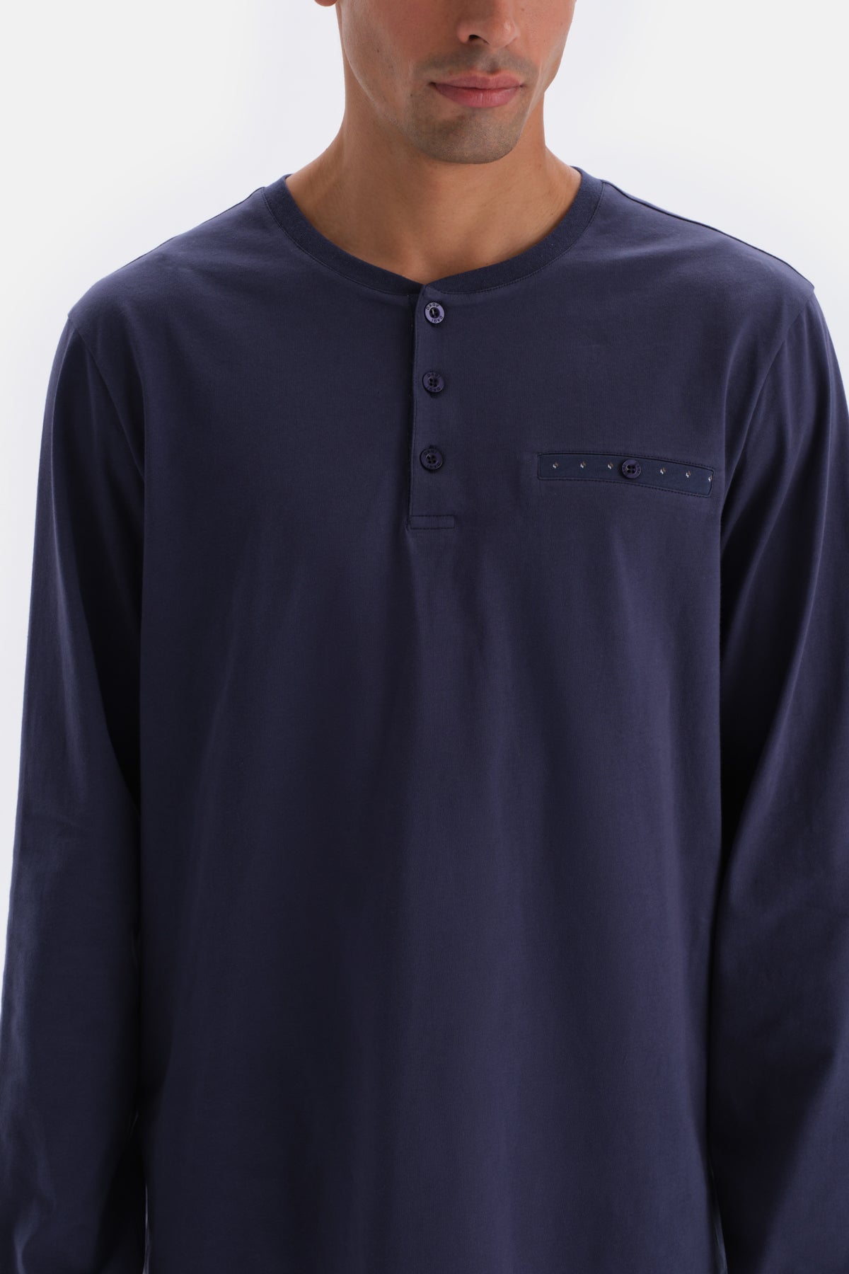 Lacivert Yarım Patlı Uzun Kol Metraj Baskılı Pamuklu Pijama Takımı